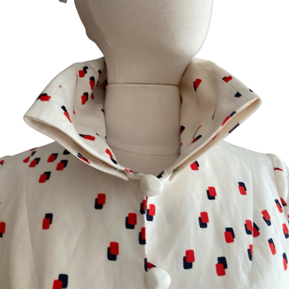 JULIE HAUS | Silk Linen ‘Opera Jacket’ Cream Blue Red Abstract Geo Blazer M NWT